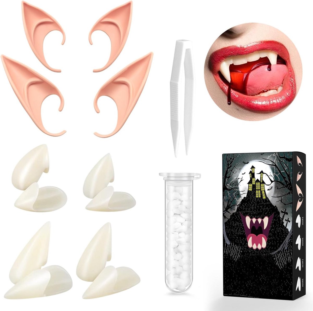 Vampier Tanden en Elf Oren voor Halloween, Cosplay en Feest, 4 Maten, Inclusief Tandlijm en 2 Pairs Oren, Perfecte Accessoires voor Volwassenen en Kinderen