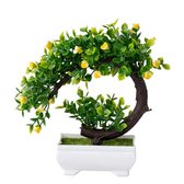 Bonsai kunstplant met groene bladeren en gele bloesems, in een witte pot.