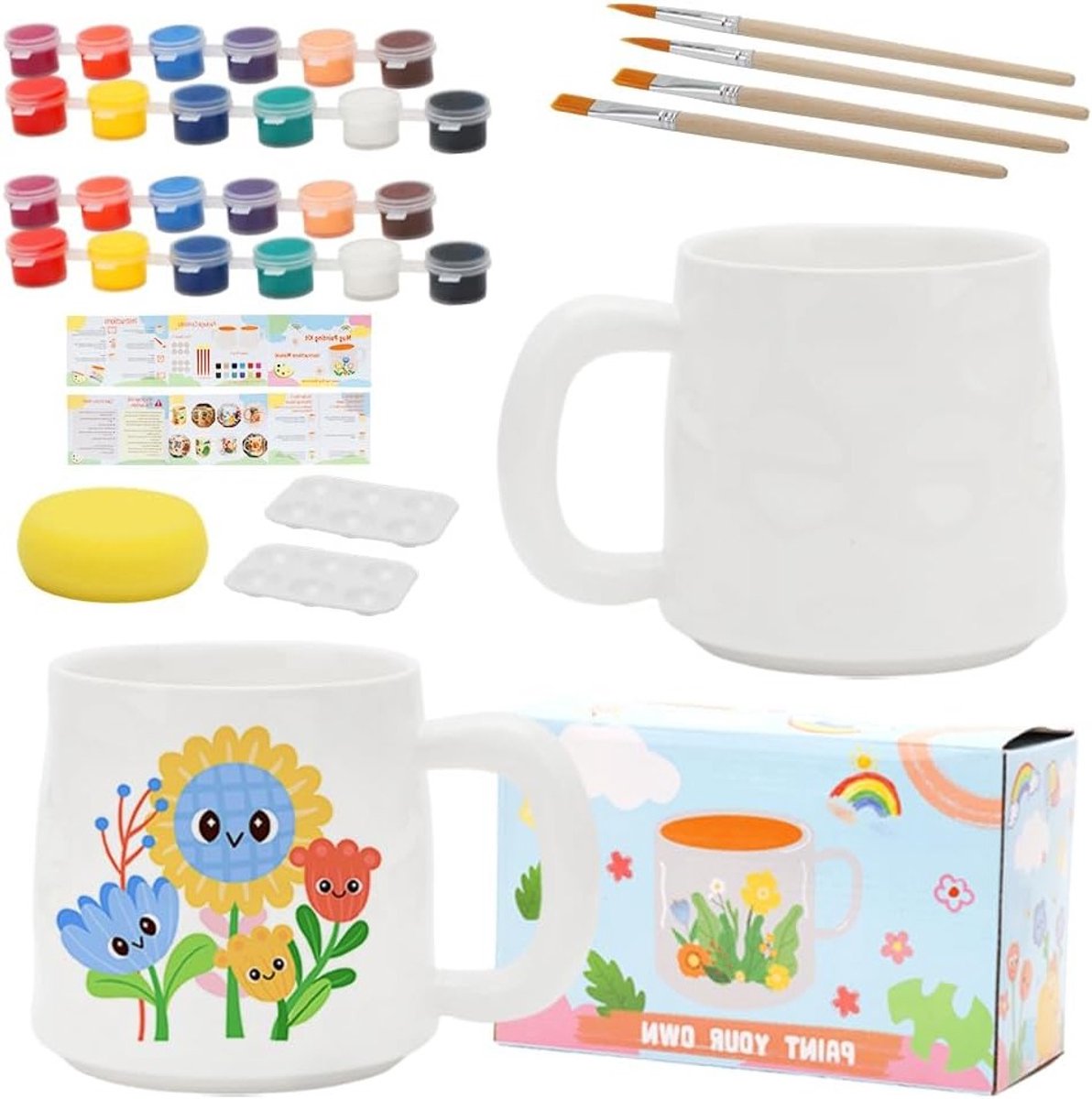 Set van 2 Keramische Mokken met Verf en Kwasten - Creatieve DIY Schilderset voor Thuis, Koffiemokken en Inspiratie voor Kunstenaars