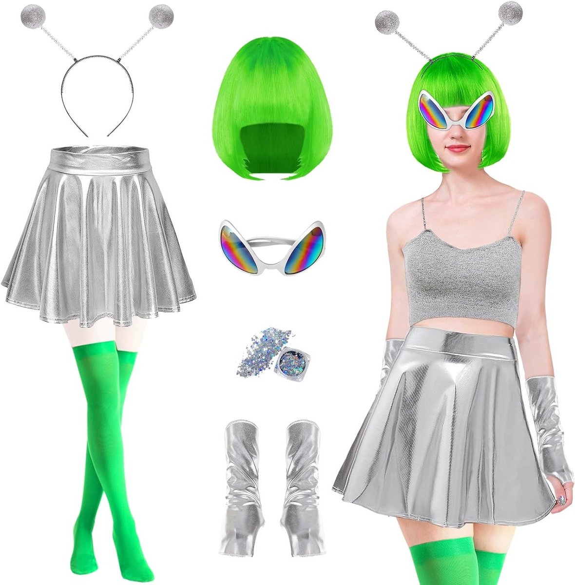 Groene Alien Kostuum voor Dames - 7-delige Outfit met Rok, Hoofdband, Perücke, Bril, Handschoenen en Sokken voor Halloween en Carnaval