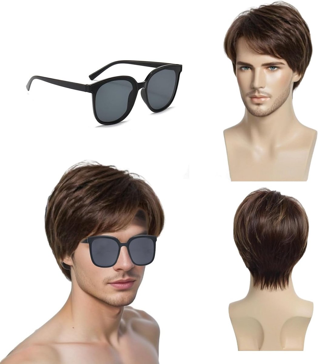 Korte Bruine Krullende Perucque voor Mannen - 70s 80s Disco Kostuum, Halloween en Feestaccessoire (Set van 2)