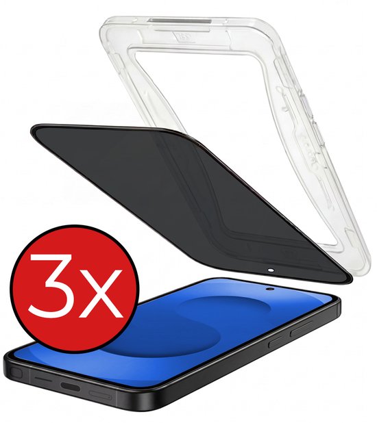 Drie privacy screenprotectors voor een smartphone, met een installatieframe. Rood kader met '3x'.