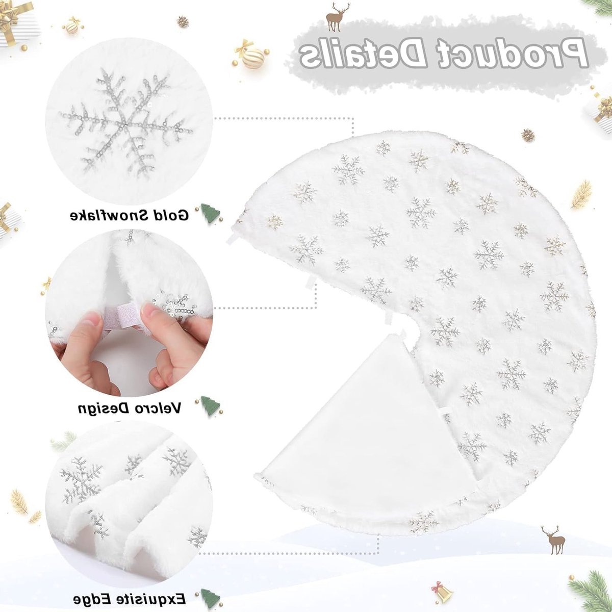 Zachte witte kerstboomrok met een diameter van 120 cm, versierd met zilveren sneeuwvlokken voor een feestelijke uitstraling tijdens kerst en nieuwjaar