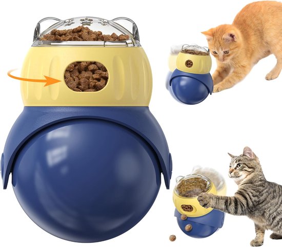 Blauw en geel interactief kattenspeeltje met brokjes, met een oranje kitten en een cyperse kat die ermee spelen.