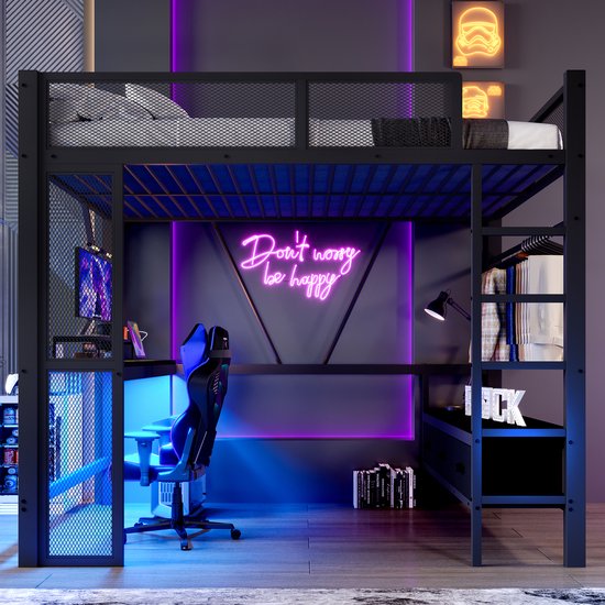 Lit mezzanine avec bureau, chaise de jeu, ordinateur, penderie et enseigne au néon "Don't worry be happy".