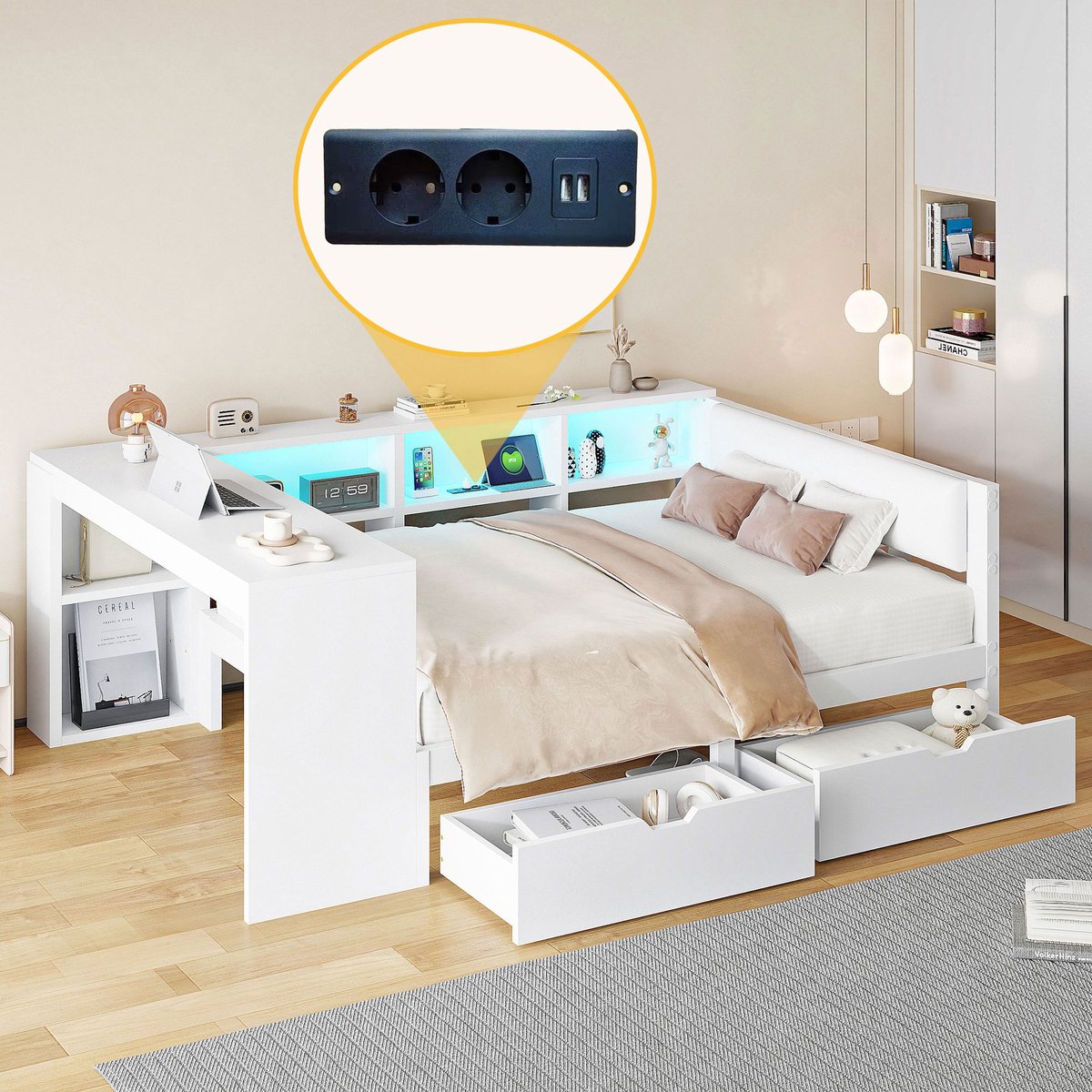 Zubaliya Tweepersoonsbed 140 x 200 cm – met hydraulische opbergruimte, LED-verlichting en USB-aansluiting – voor moderne slaapkamer – praktische slaapoplossing voor Wit