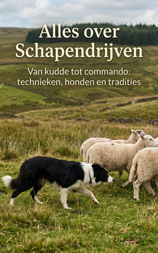 Bordercollie drijft schapen in een heuvelachtig landschap. Tekst: Alles over Schapendrijven.