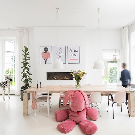 Woonkamer met eettafel, stoelen en een ingebouwde haard, met drie lampen aan een railsysteem.