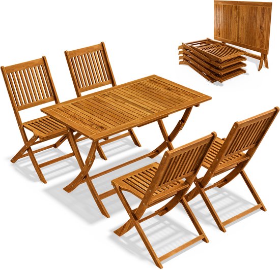 Houten klaptafel met vier klapstoelen, alles van acaciahout.