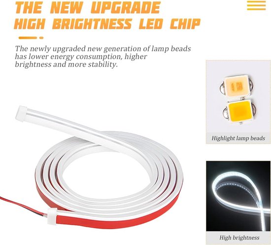 Een witte LED strip op rol, met rode achterkant, en twee LED chips.