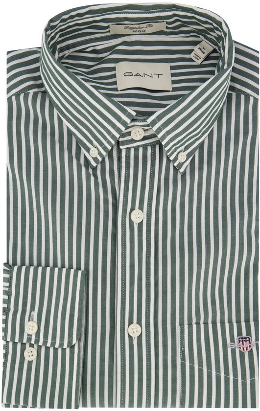 Donkergroen en wit gestreept katoenen hemd, regular fit, met knopen, GANT-label en GANT-logo op borstzakje.