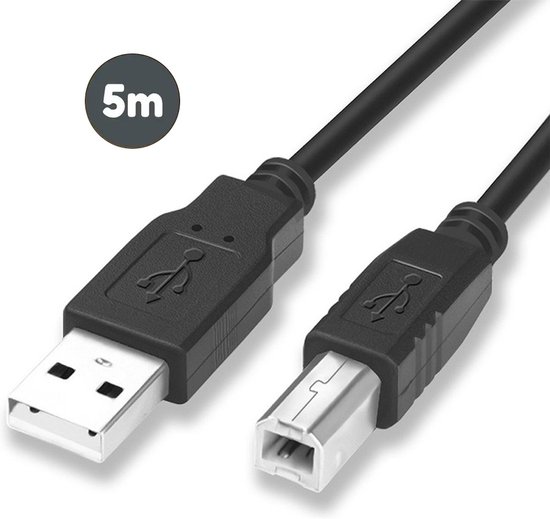 Een zwarte 5 meter lange USB A naar USB B kabel, met de tekst '5m' in een cirkel.