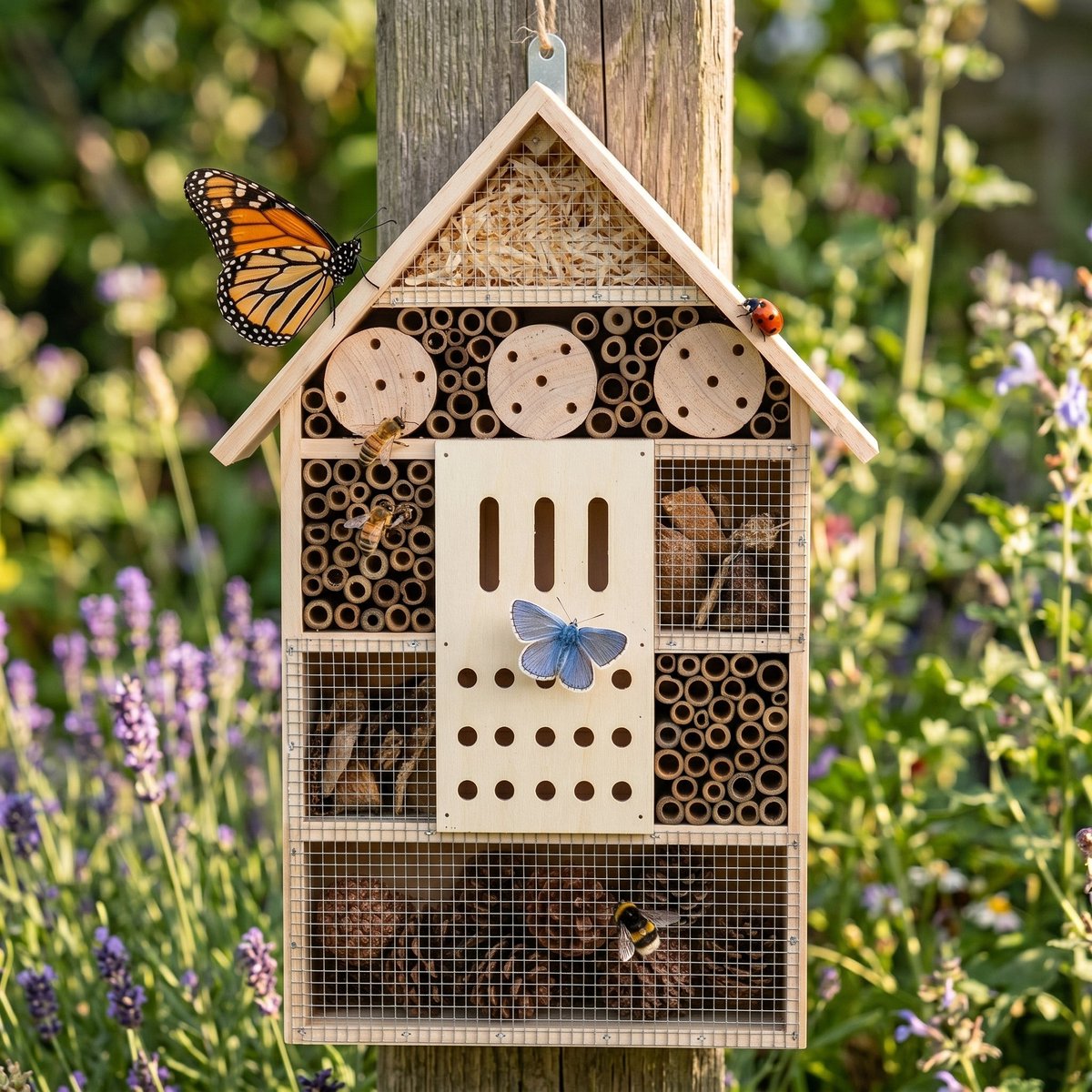 Cheqo® Insectenhotel - Bijenhotel en Insectenhuis van Hout voor Wilde Bijen en Vlinders - Vlinderhuis - Bijenhuis - Vlindertil - Nestkast voor Tuin en Balkon - Overwinteren - Tuindecoratie - Lieveheersbeestjes - Terras - Nesthulp
