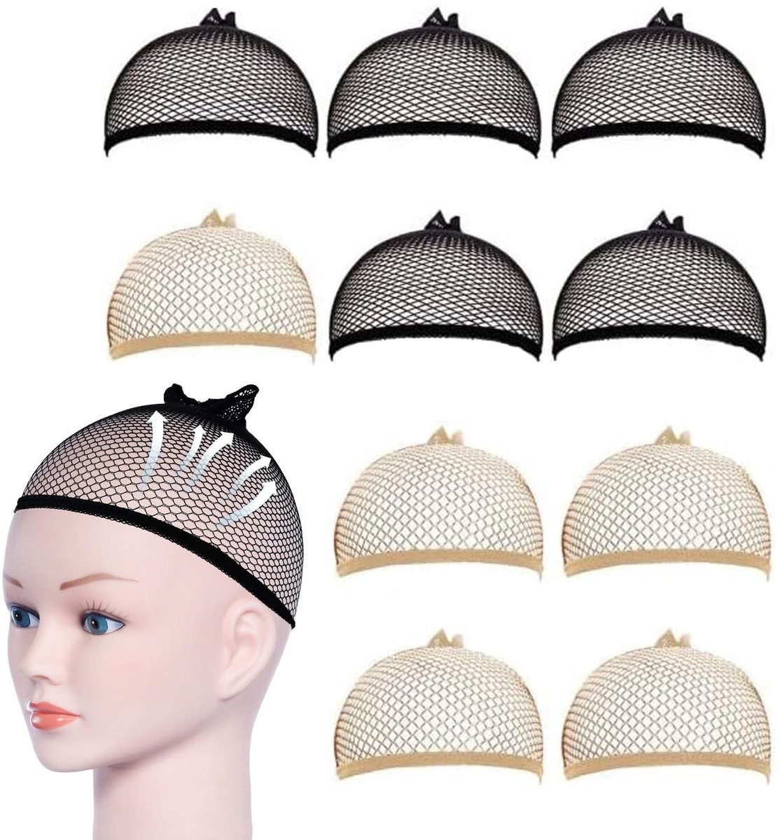 Allecto - Ademende Nylon Mesh Haarnet Caps - Verstelbaar - Zwart en Beige - Geschikt voor Lang en Kort Haar - 10 Stuks