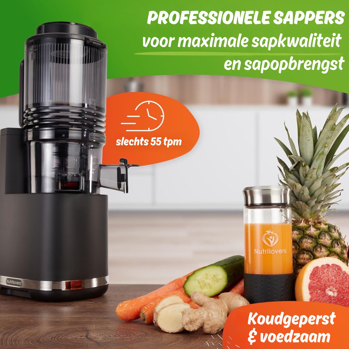 Nutrilovers Slow Juicer NUTRI-PRESS MAX sapcentrifuge voor hele vruchten met XXL-opening van 150 mm, BPA-vrij, incl. sapfles en receptenboek voor slow juice thumbnail 3