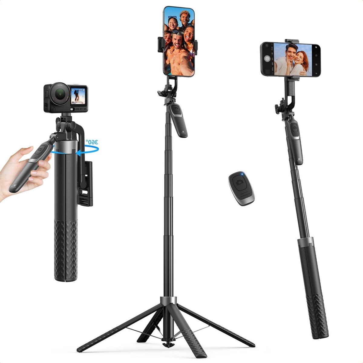 180 cm Telefoonstatief met Automatische Opening, 4-Poots Tripod Basis, 360° Rotatie en Draadloze Afstandsbediening, Geschikt voor Smartphones en Tablets