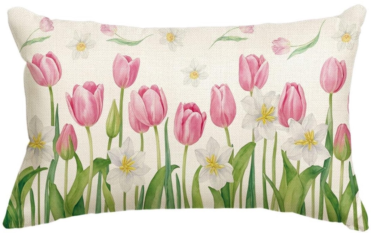 Allecto - Kussensloop - Tulpen en Madeliefjes - Seizoensgebonden decoratie - 30x50 cm - Zomer en lente - Voor woonkamer en decoratie