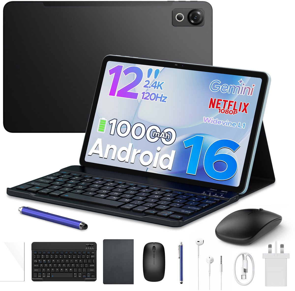 POCKAM P12 - Tablet - 48 GB RAM (8+40 GB) - 128 GB ROM（2TB/TF） - 12 inch 2K 120 Hz IPS - Android 16 - 10000 mAh /18 W - T7280 - Dubbele camera - WiFi 5 - Bluetooth - Face ID - Toetsenbord - Stylus meegeleverd
