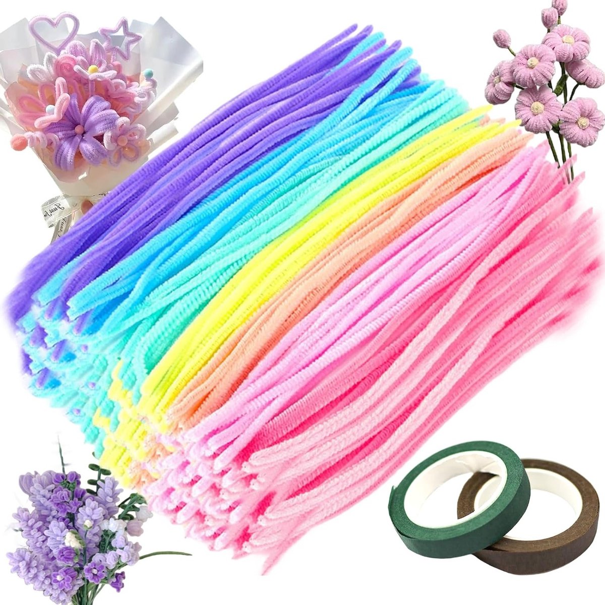 400 Stuks Pijpenragers voor Creatieve Knutselprojecten, Tulpen Boeket Set, 30 cm Lang in Groen, Wit en Paars, Ideaal voor DIY Decoraties en Ambachten