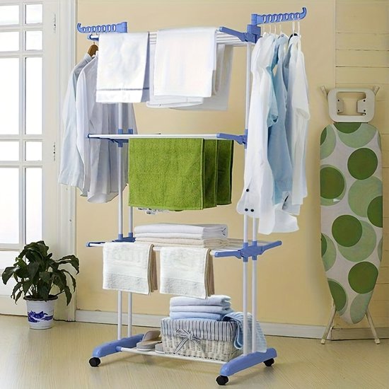 4-laagse Droogkledingrek170x76x50cm , 6 opvouwbare vleugels en 2 draaibare armen, stevig frame, geschikt voor binnen/buiten gebruik, draagbare kledinghanger, voor appartementen, slaapkamers, balkons, Blauw.