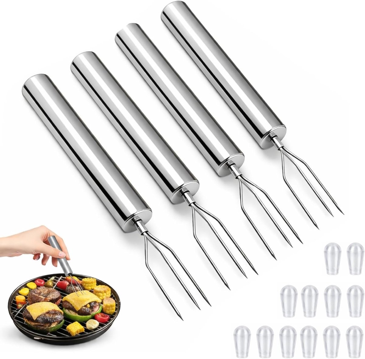 Set van 4 RVS Vorken voor Grillen, Schillen en Serveren van Maïs, Aardappelen, Groenten en Fruit - Herbruikbaar en Vaatwasserbestendig