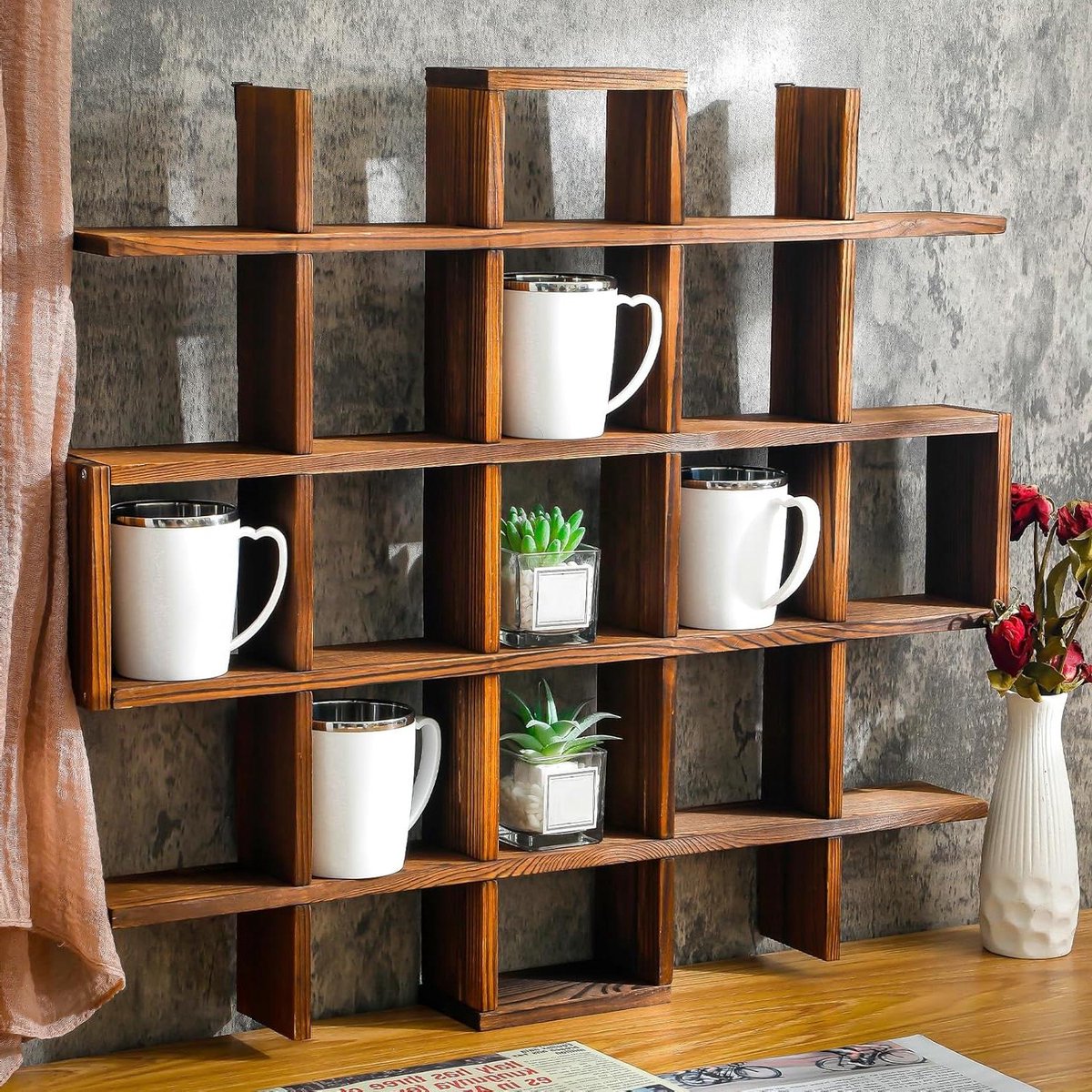 Display rek - Houten plank - Verzamelobjecten tonen - 22 sleuven - Wandmontage - Rustiek bruin