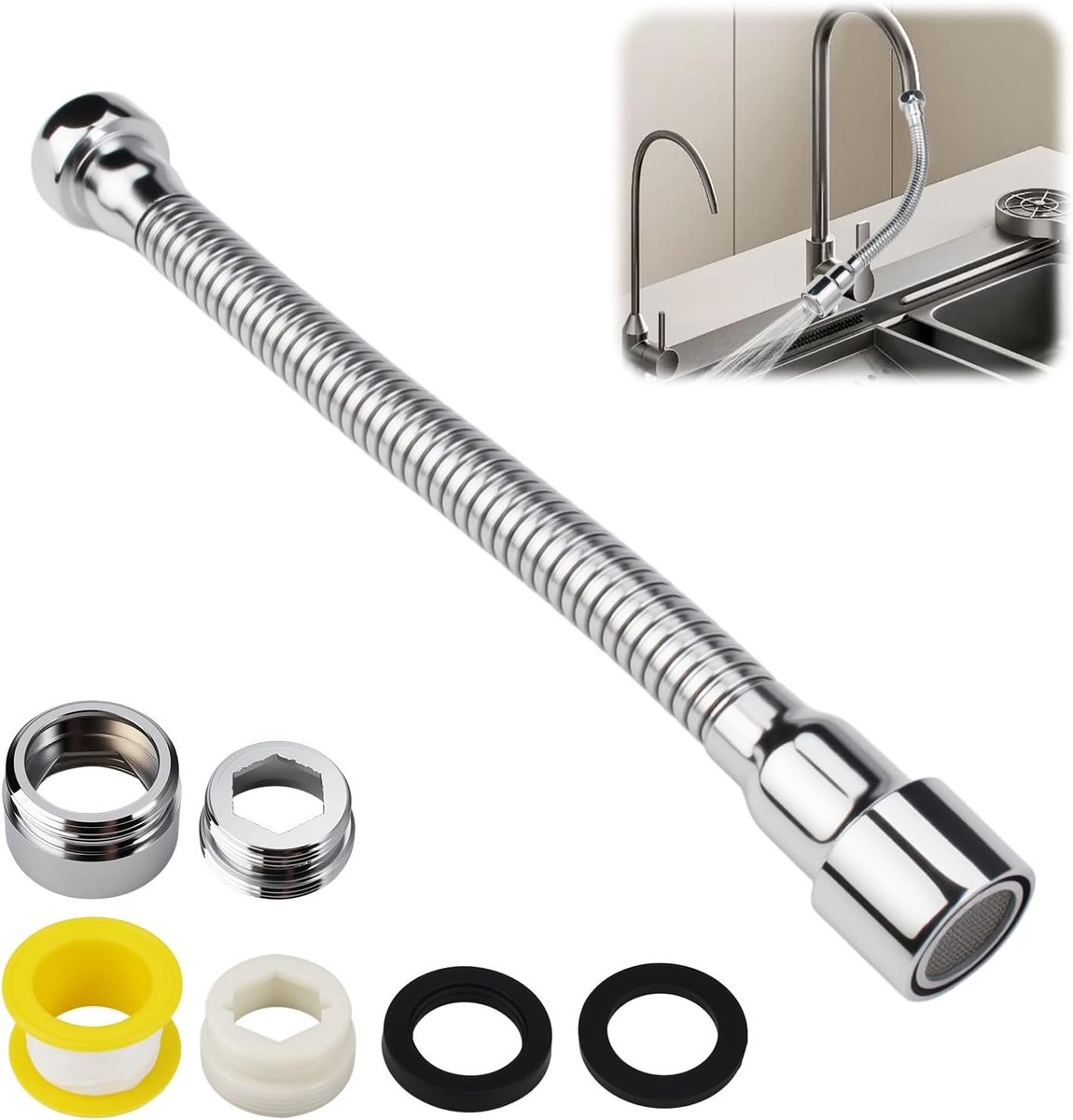 Kraanverlenging Keuken - Kraanopzetstuk Flexibel - Spatvrij Douchen - 360 Graden Draaibaar - 22 cm - Zilver