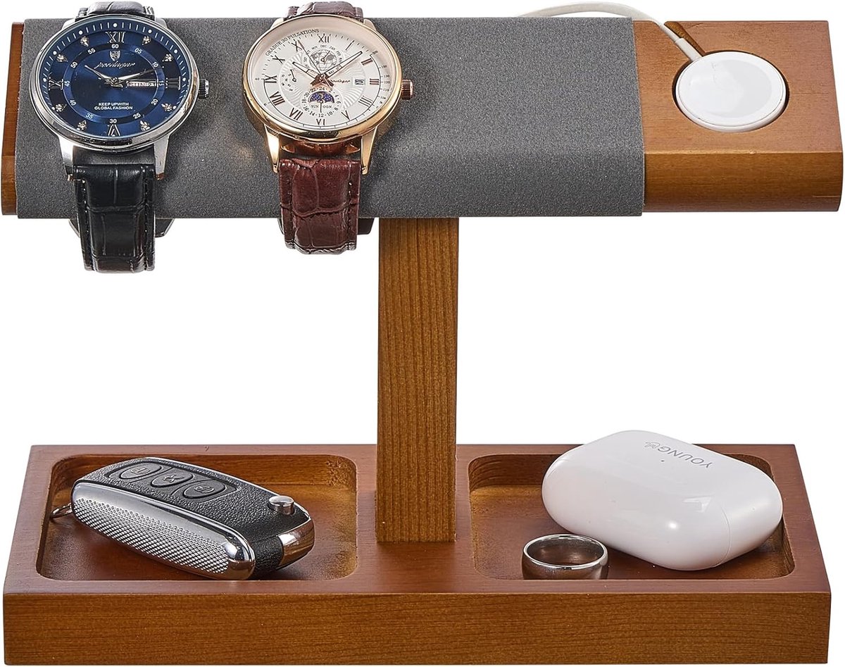 Horloge Standaard - T-bar Display - Horloges Opbergen - Massief Houten Huis - Houdt 4 Horloges - Bruin