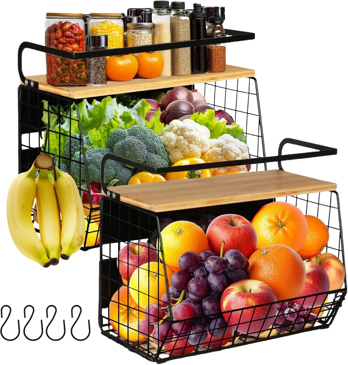 2 magnetische fruitmanden, hangend en kruidenrek, magnetisch, keukenorganizer, keukenrek zonder boren, fruitmand, etagère, opslag van groenten en fruit, magnetisch rek, koelkast, zwart, met deksel