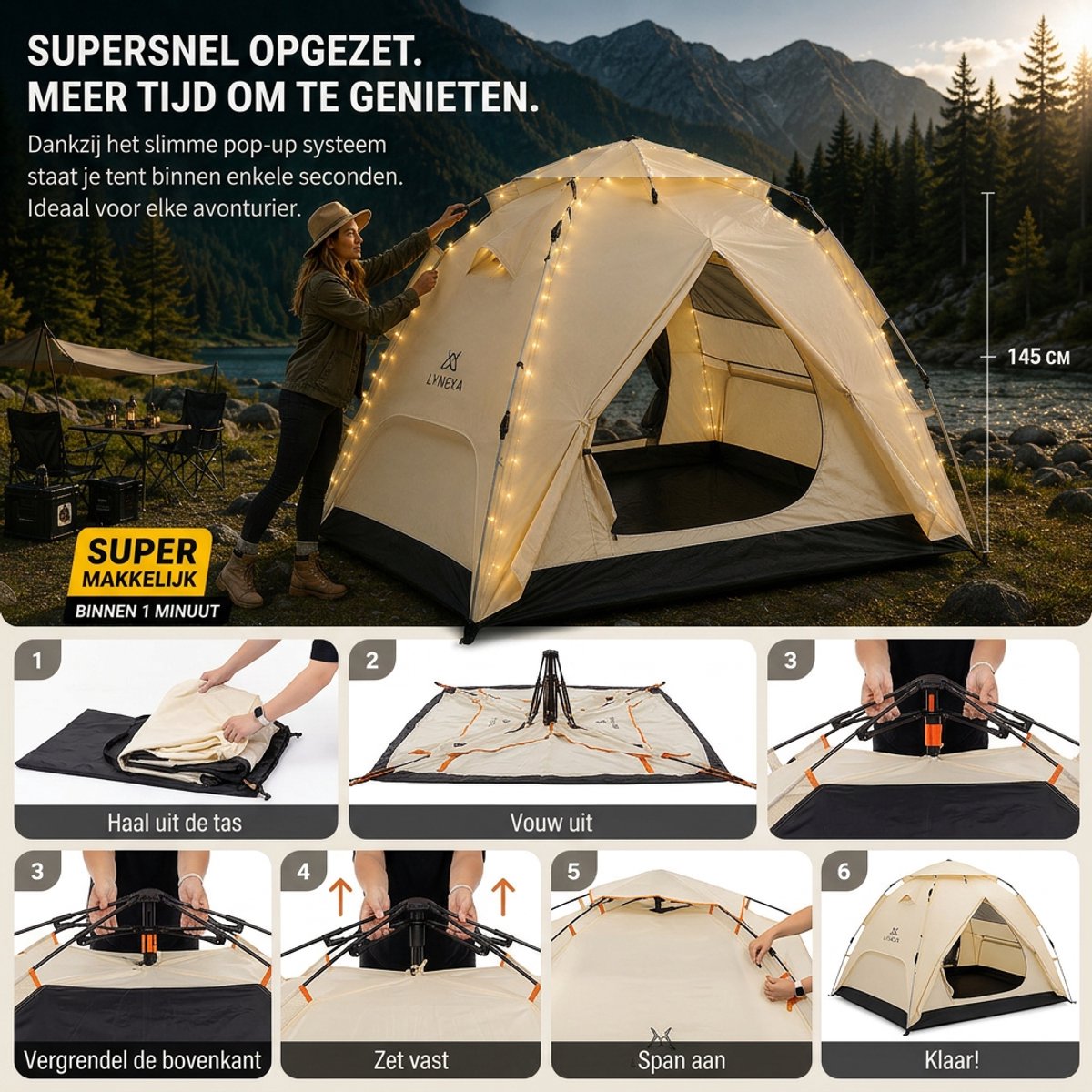 LYNEXA® Tent - Pop up Tent voor 2 tot 3 persoons - Waterdichte Kampeertent - Automatische Camping Tent -Snel Opzetbaar - UV Bescherming - Kamperen & Outdoor - Festival Tent - Lichtgewicht - Inclusief Draagtas & Campinglamp - 245x215x145cm - Zandkleur – foto 7