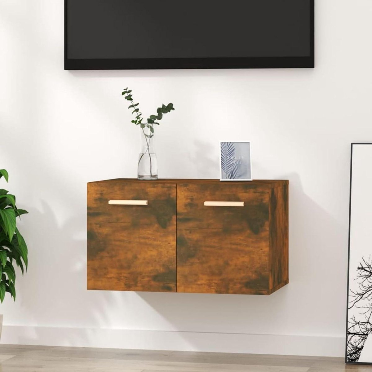 Wandkast - Wandrek - Opbergen Woonkamer - Robuust Houtmateriaal - 60 x 36.5 cm - Rookeiken