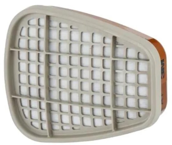 Grijze gasfilter 3M 6055, met bruine band met witte vulling. Vooraanzicht.