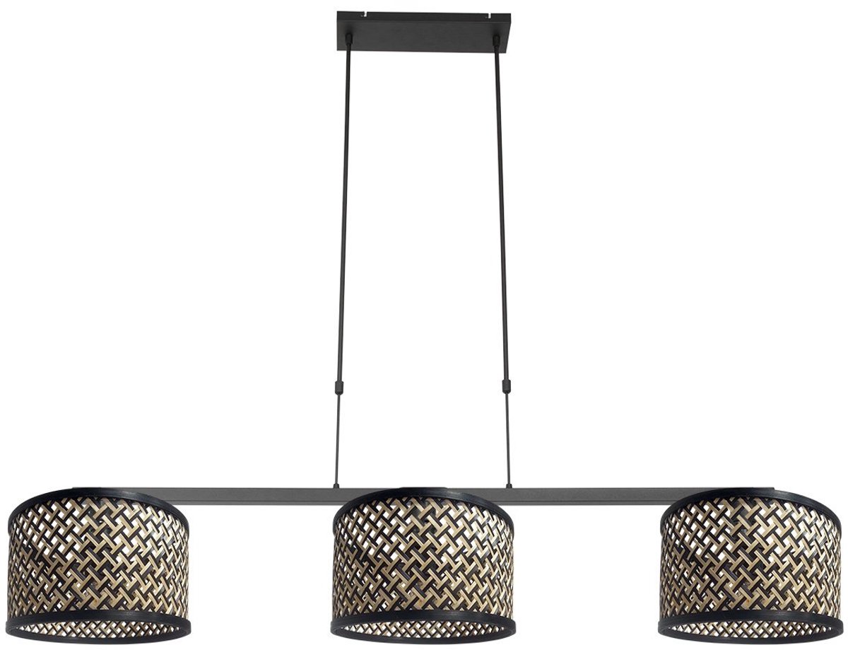 Zwarte 3-lichts hanglamp Stang 3743ZW van Steinhauer, trendy ontwerp met bamboe en metaal afwerking, hoogte instelbaar, afmeting kappen rond 30 cm, geschikt voor binnengebruik