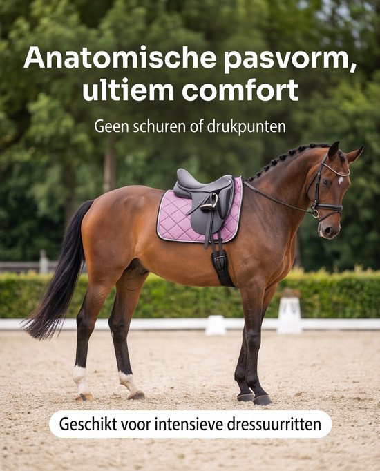 Bruin dressuurpaard met lichtroze glitter zadeldek in een zandpiste.