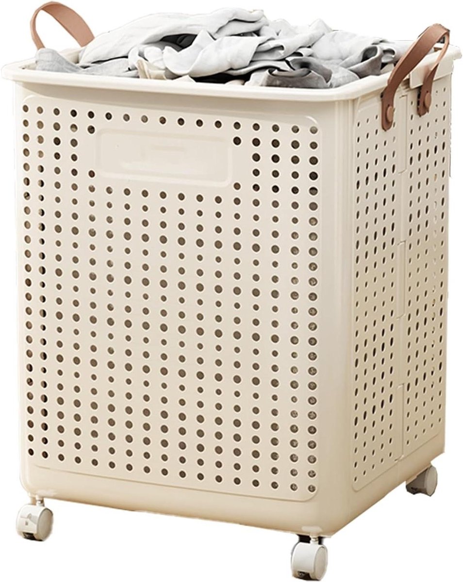 Wasmand op wielen Opvouwbare mand Vuile was opbergen Ademend ontwerp Grote capaciteit Beige