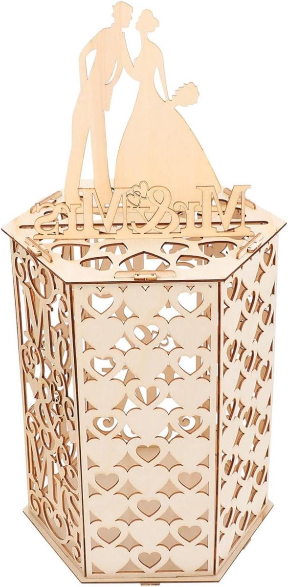 Houten Trouwkaartendoos - Bruiloftscadeaubox Kaartendoos - Bruiloftscadeaus Verzamelen - Creatief Uitgehold Ontwerp - 18x23x18 cm - Houtkleur