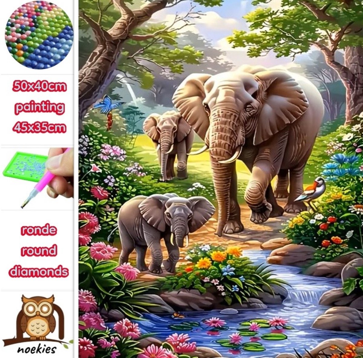 50x40cm Diamond Painting Olifant meerkleurig (rond) nr 80