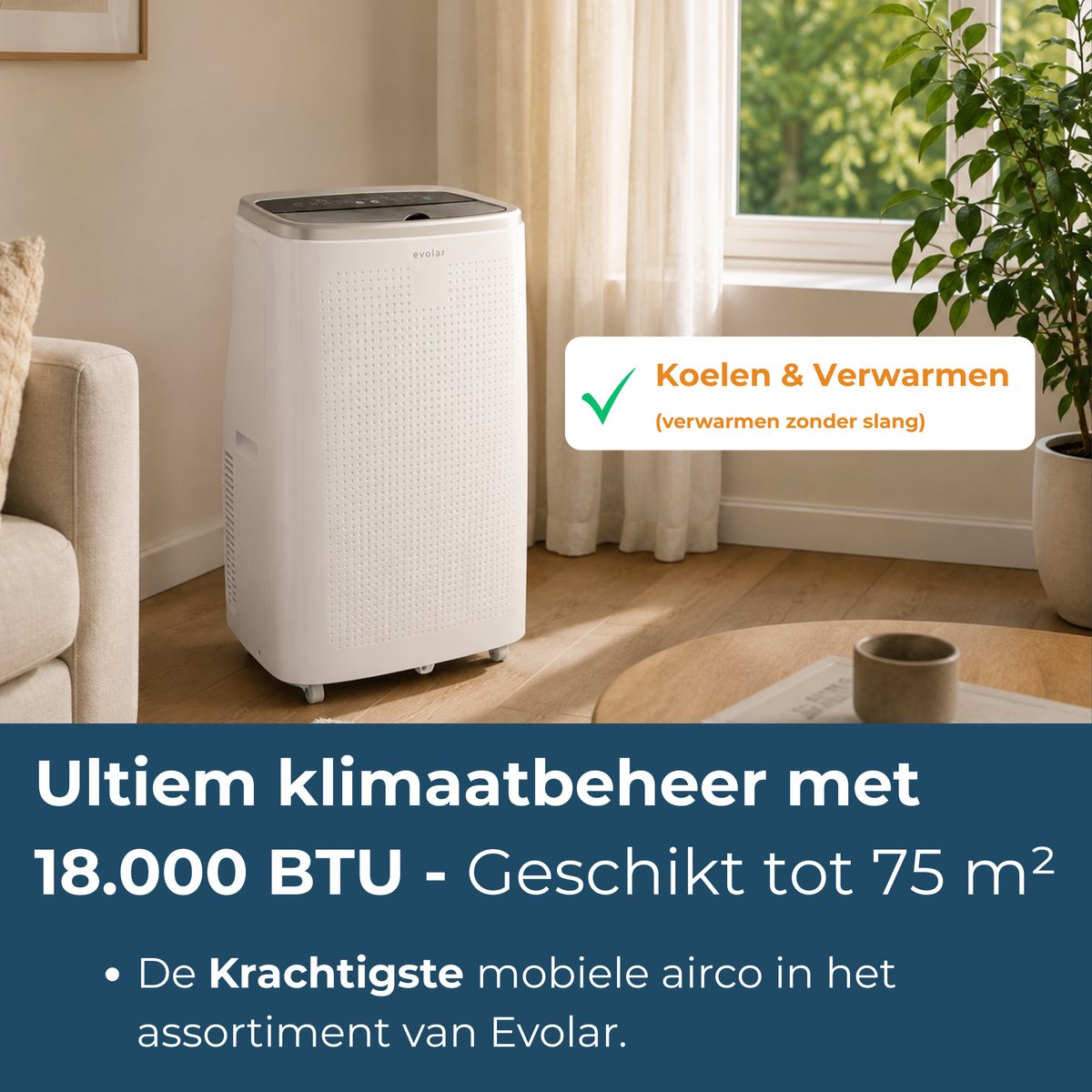 Evolar Mobiele Smart Airco - 18000 BTU - Koelen & Verwarmen - WiFi - App & Afstandsbediening - Airconditioner - met Afvoerslang - Slaapkamer, Woonkamer, Kantoor - EVO-18000CHW thumbnail 3