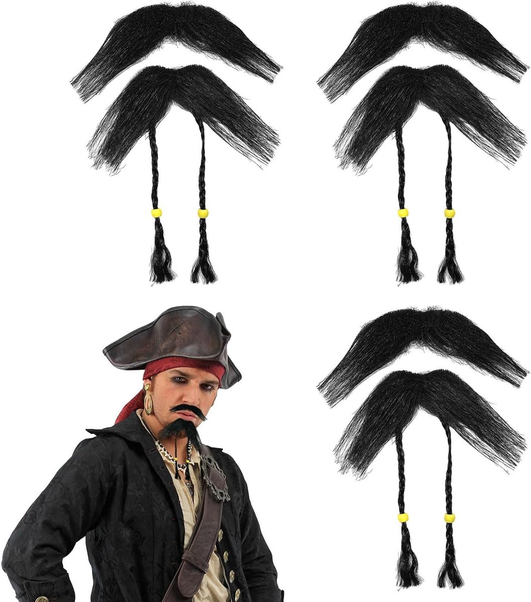 Piratenhaarset met 3 stuks, nepmoustache en baard, ideaal voor piratenkostuum en feestaccessoires