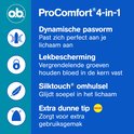 Illustraties en teksten die de voordelen van o.b. ProComfort tampons beschrijven: dynamische pasvorm, lekbescherming, SilkTouch omhulsel en extra dunne tip.