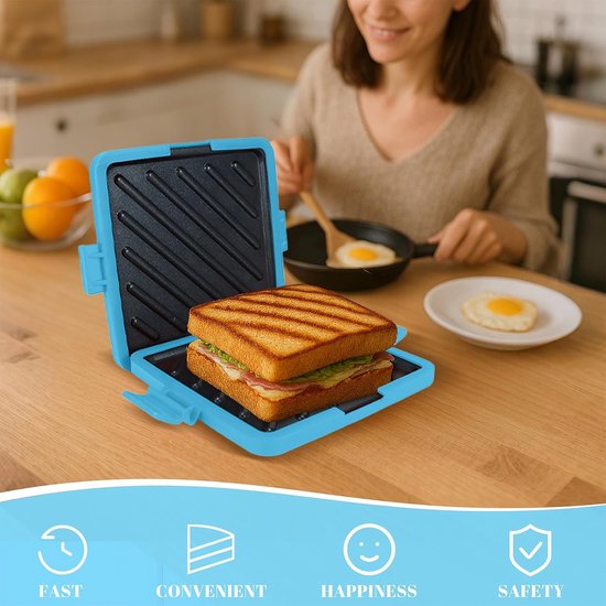 Contactgrill - Tosti ijzer - Magnetron Toastie Maker - Tosti-ijzer voor de Magnetron - Antiaanbaklaag - Vaatwasserbestendig - 16x14x3cm - Blauw — afbeelding 4