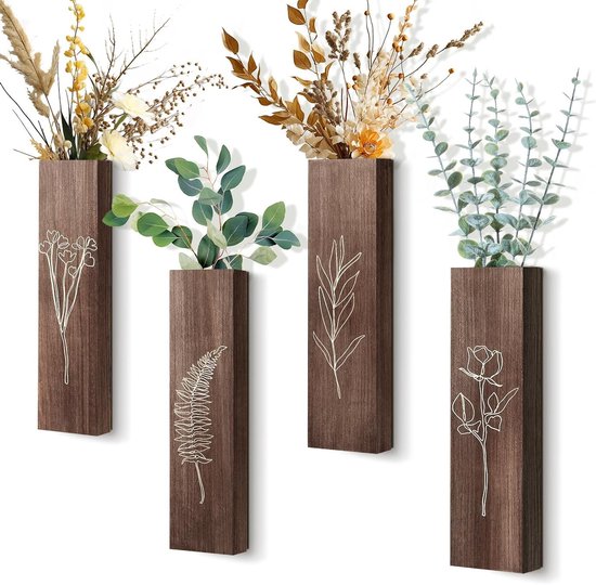Set van 4 Houten Wandplanten - Moderne Boerderij Stijl Vazen voor Nepplant Decoratie in Woonkamer, Slaapkamer en Badkamer