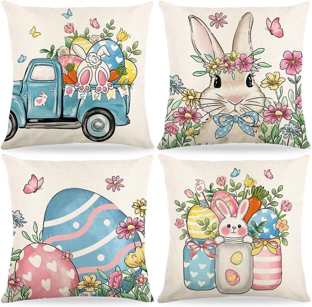 Linnen Kussenslopen voor Pasen - Decoratieve Kussens met Konijn en Paaseieren voor de Lente en Feestdagen, Perfect voor de Bank en Woonkamer