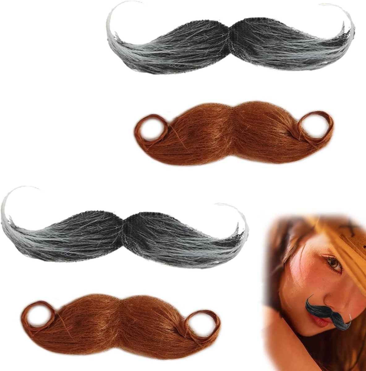 Set van 4 Zelfklevende Nephoorn, Valse Snor voor Kostuums, Perfect voor Halloween Feesten en Carnaval, Bruin