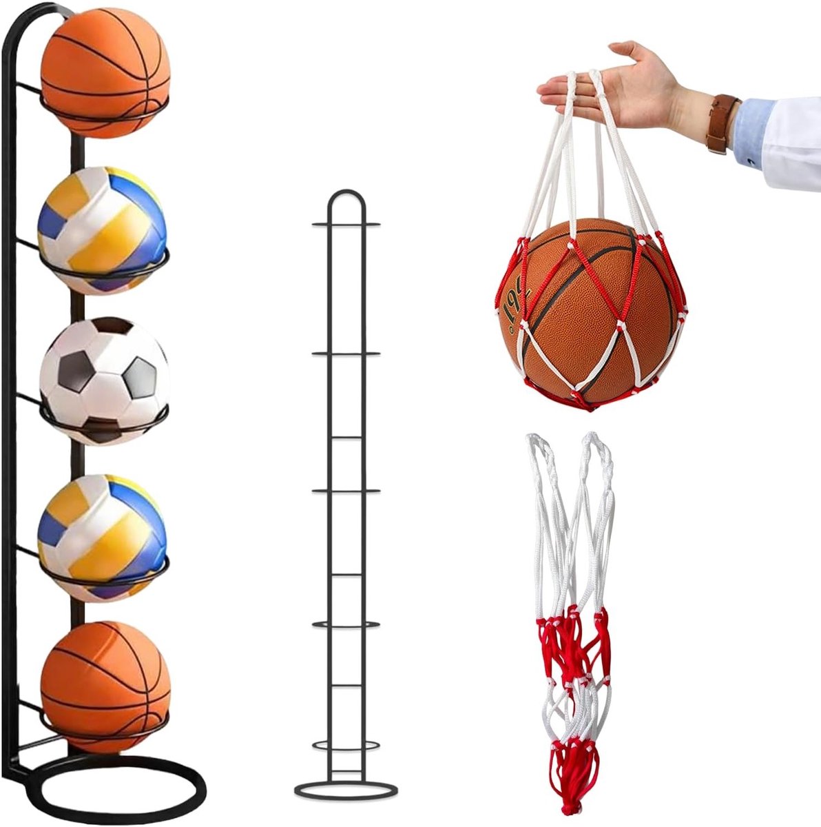 Standaard Ballenhouder met Mesh Pocket voor Voetbal, Basketbal en Volleybal - Verstelbare Opbergoplossing voor Sportuitrusting (Zwart)