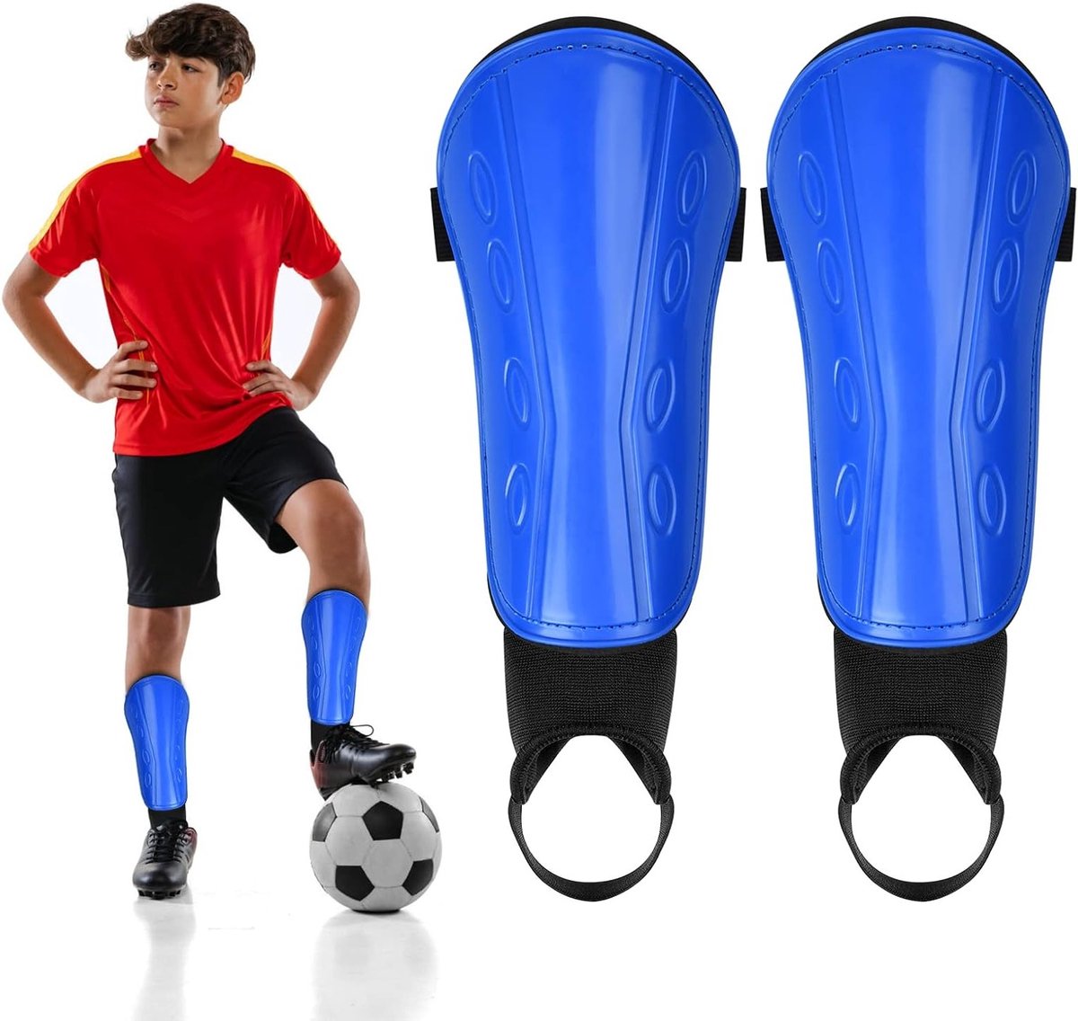 Ademende Scheenbeschermers voor Kinderen met Enkelsokken - Voorkom Letsel en Bumps, Ideaal voor Voetbal en Sportactiviteiten (M, Blauw)
