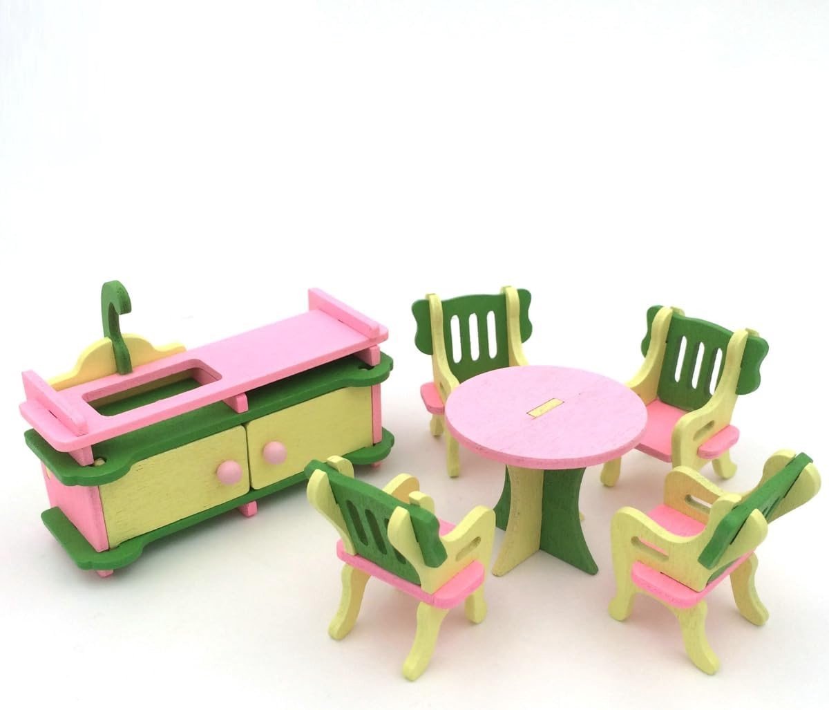 Miniatuur Houten Keuken Meubelset voor Poppenhuis - 6 Delige Set met Keukensink, Eettafel en 4 Stoelen, Perfecte Accessoires voor 1:12 Poppenhuis Decoratie