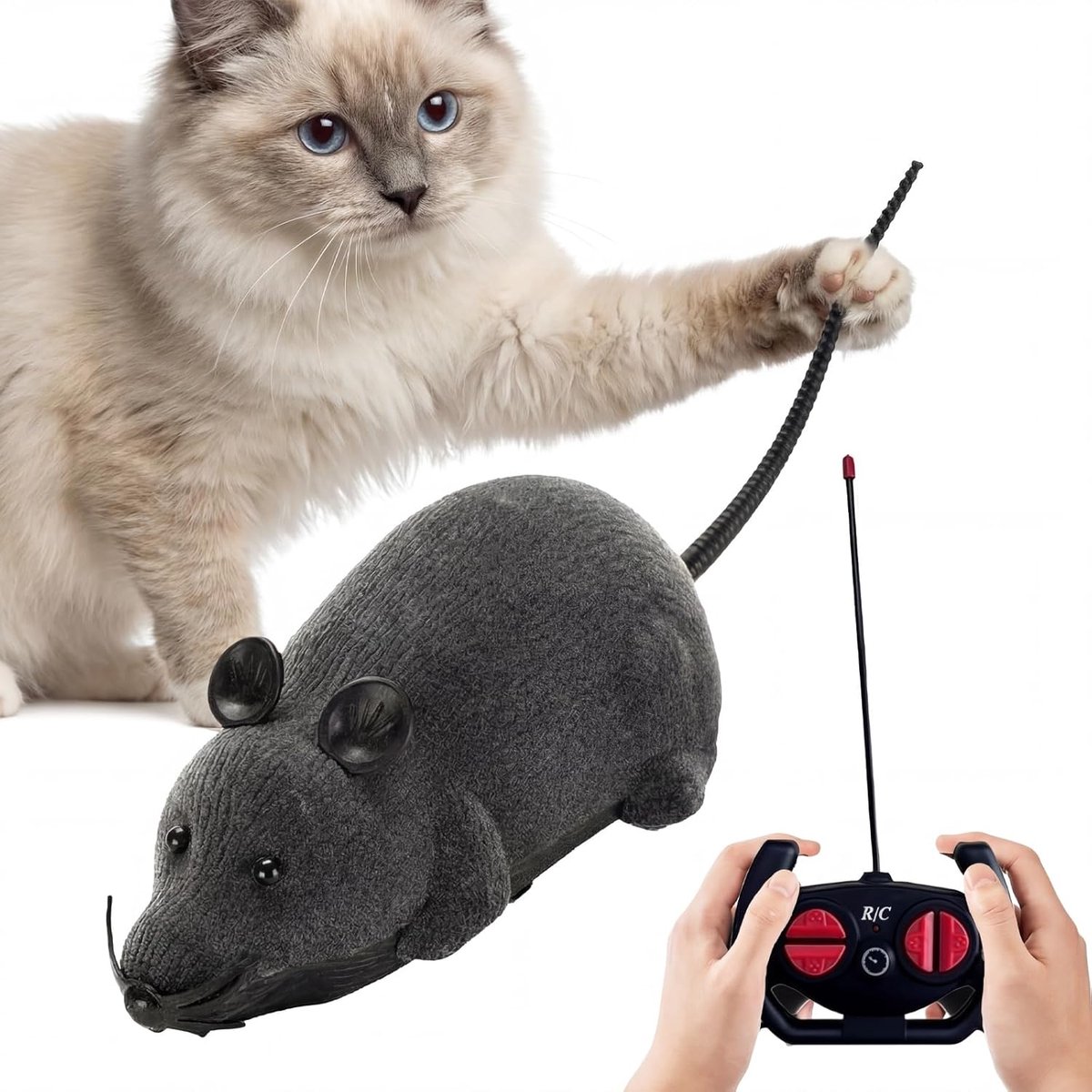 JeiibrZui Elektrisch Katzenspeelgoed Muis - Afstandsbediend Realistisch Dier - 28 Cm - 1 Stuk - Voor Binnen En Buiten - Grijze Kleur