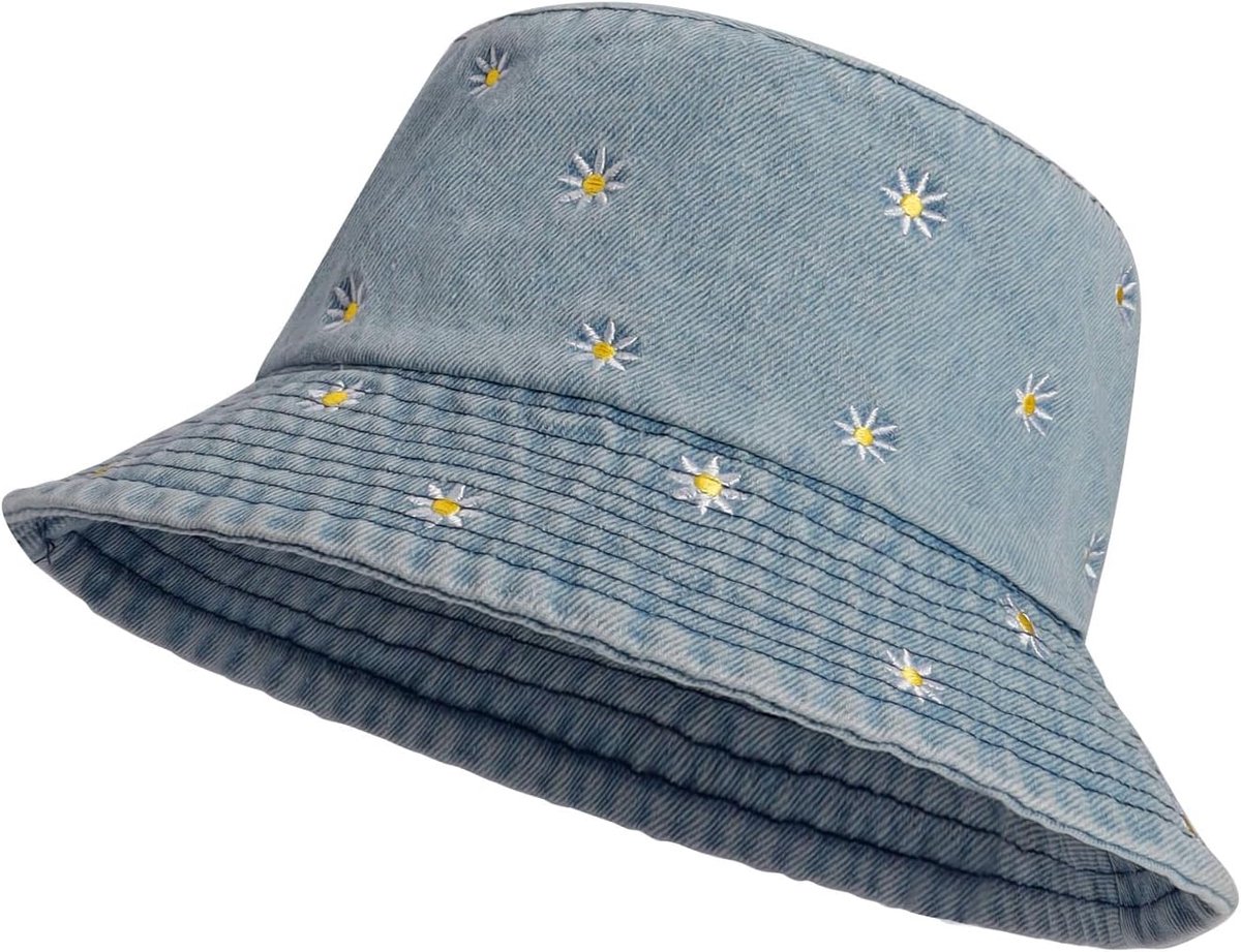 JeiibrZui Dames Zomer Opvouwbaar Unisex Zonnehoed - Katoen Denim Strand Anglerhoed Geborduurd Bucket Hat - Verstelbaar 55-58 Cm - Meerdere Kleuren En Patronen Voor Outdoor Reizen Festival