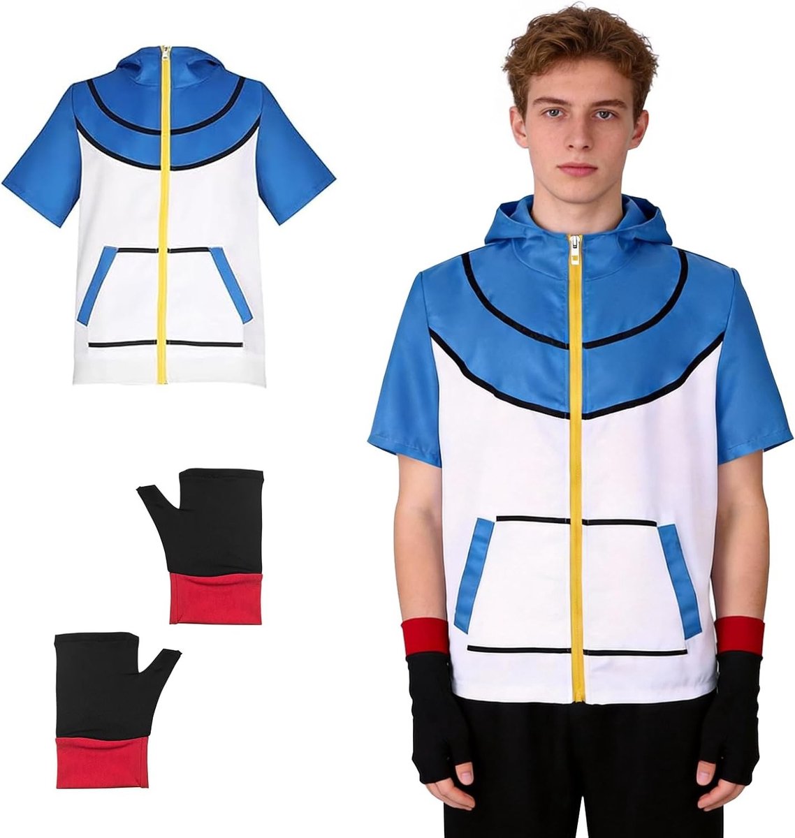 Anime Cosplay Kostuum voor Volwassenen met Blauwe Hoodie en Handschoenen - Perfect voor Carnaval, Halloween en Feestjes